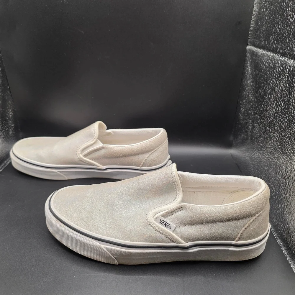 Vans Classic Slip-On Silver Iridescent Glitter Suede Sneakers Womens 8.5 500714